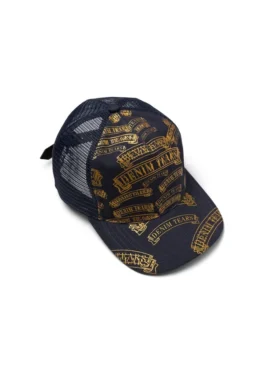 Gorra de camionero con estampado de sellos DT, azul marino