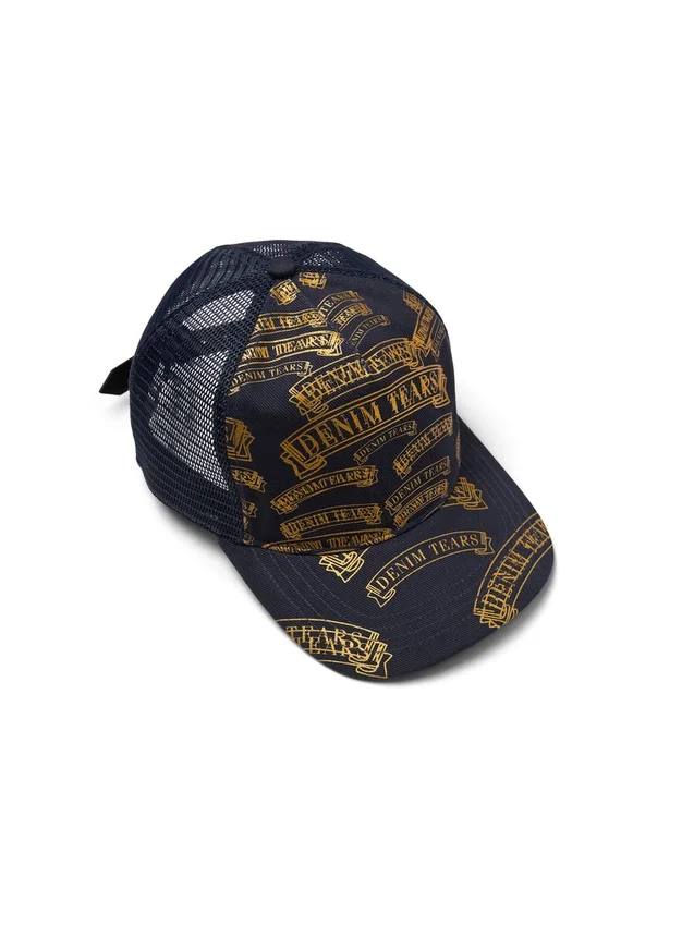 Gorra de camionero con estampado de sellos DT, azul marino