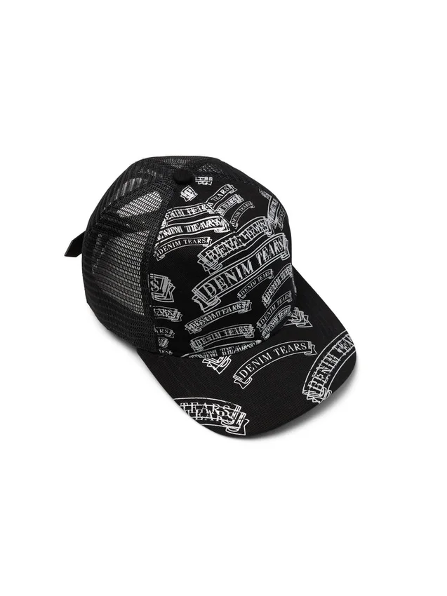 Gorra trucker DT con estampado de sellos, negra