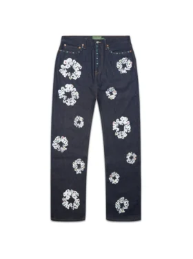 Pantalones holgados de Denim con bordes de tela y Cotton Wreath con tachuelas