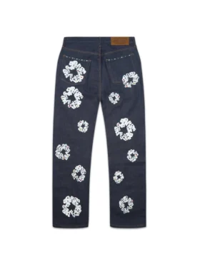 Pantalones holgados de Denim con bordes de tela y Cotton Wreath con tachuelas