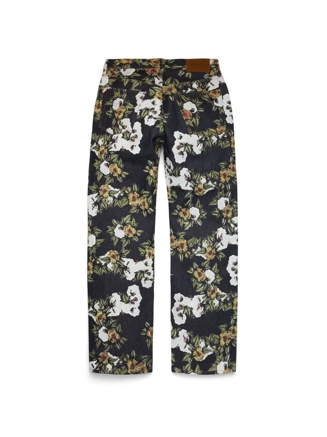 Pantalones holgados de Denim con estampado floral y ribete