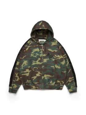 Sudadera con capucha, cremallera y paneles de lentejuelas en las mangas, estampado de camuflaje