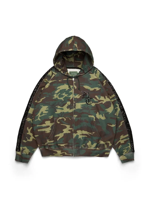Sudadera con capucha, cremallera y paneles de lentejuelas en las mangas, estampado de camuflaje
