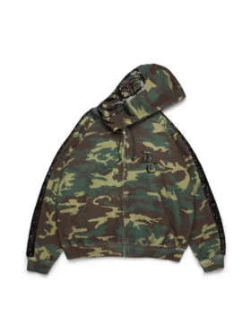 Sudadera con capucha, cremallera y paneles de lentejuelas en las mangas, estampado de camuflaje