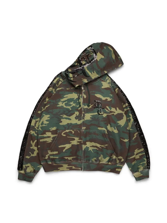 Sudadera con capucha, cremallera y paneles de lentejuelas en las mangas, estampado de camuflaje