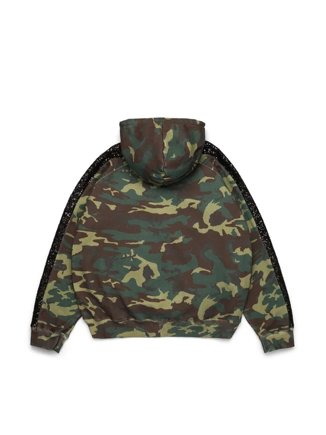 Sudadera con capucha, cremallera y paneles de lentejuelas en las mangas, estampado de camuflaje