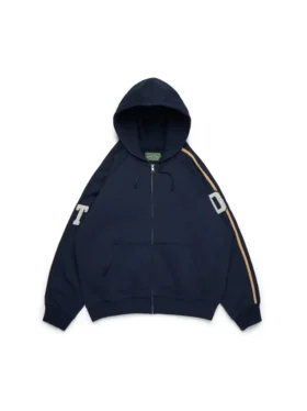 Sudadera con capucha y cremallera con parches de chenilla DT, azul