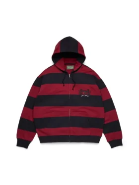 Sudadera con capucha y cremallera «Striped Crest», roja/azul marino